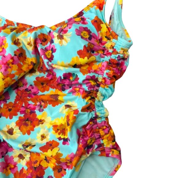 Kenneth Cole Reaction Floral Print One Piece Swimsuit Aqua Multi Size Medium - Picture 2 of 5